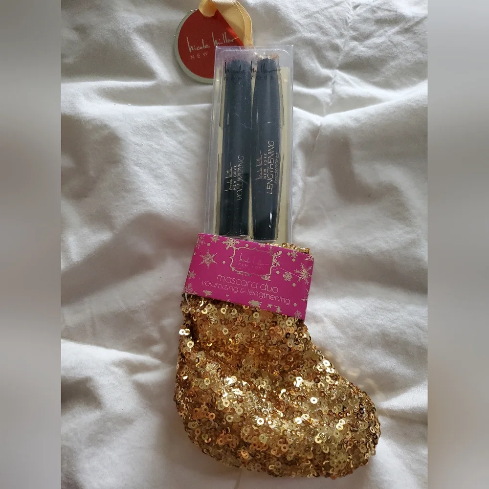 Nicole Miller New York Mascara 2pk christmas gold stocking ornament gift set